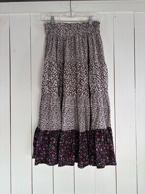 Women's Smocked Waist Tiered Floral Midi Skirt - Brown/White with Purple Accents